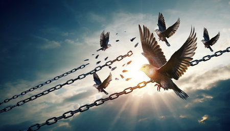 Birds flying free from broken chains against a dramatic sky with sun rays breaking through clouds.の素材