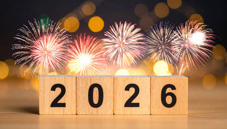 The year 2026 is displayed on wooden blocks, with a vibrant fireworks display and bokeh lights in the background.の素材