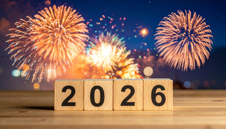 Wooden blocks displaying the year 2026 are positioned in front of a lively fireworks display against a dark night sky.の素材