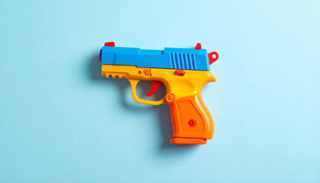 A toy gun featuring blue, yellow, and orange plastic parts is laid out on a light blue surface.の素材