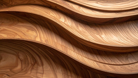 A detailed close-up of a wooden surface featuring flowing wave-like patterns and natural grain.の素材