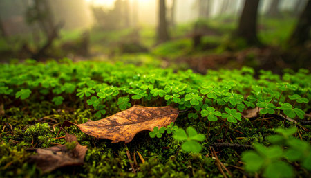 Detailed view of green clover and a dry leaf on moss in a misty, sunlit forest. Clear details and vibrant colo...の素材