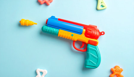 A multi-colored toy gun with blue, red, yellow, and green plastic parts on a blue surface.の素材