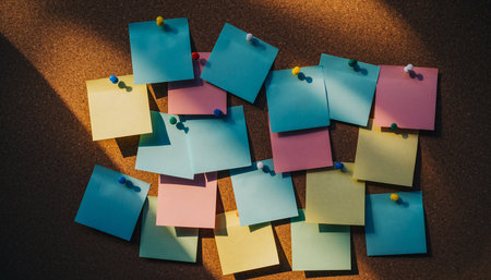 A scattering of colorful sticky notes in various pastel shades pinned to a corkboard, illuminated by dappled sunlight.の素材