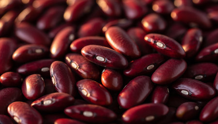 A detailed macro shot of a pile of deep red kidney beans, showcasing their texture and the white centers of some beans.の素材