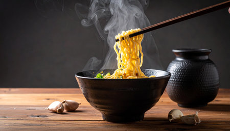 Hot steaming ramen noodles are lifted with chopsticks from a dark bowl on a wooden table.の素材