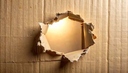 A rough hole torn in corrugated cardboard with a warm, bright light emanating from the opening.の素材