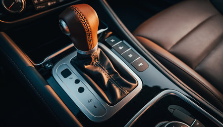Close up of a car's automatic gear shifter with brown leather trim, surrounded by dashboard buttons and a sleek console.の素材