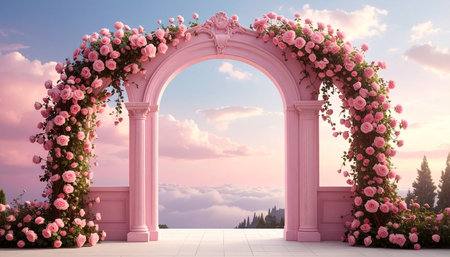 Pink rose-covered archway framing a dreamy sky with soft clouds and distant trees.の素材