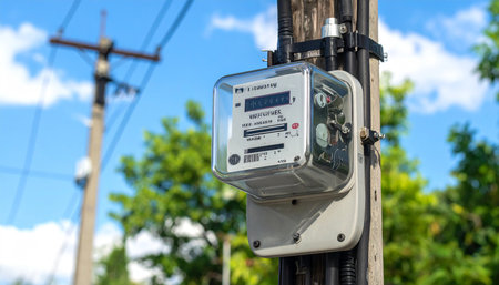 Detailed view of an outdoor electric meter on a wooden utility pole, showing its digital display and connections against a sky background.の素材