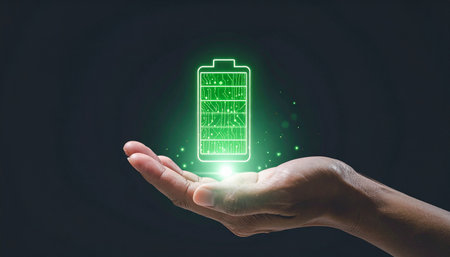 A hand gently holds a bright green battery icon with a detailed circuit board pattern.の素材