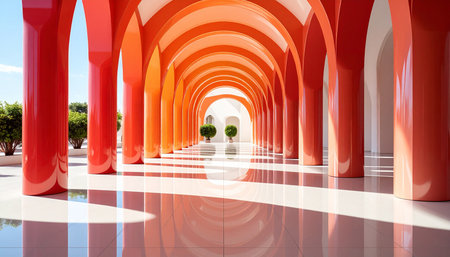 An orange and red arched corridor with sunlight streaming in, casting shadows and reflecting on the floor.の素材