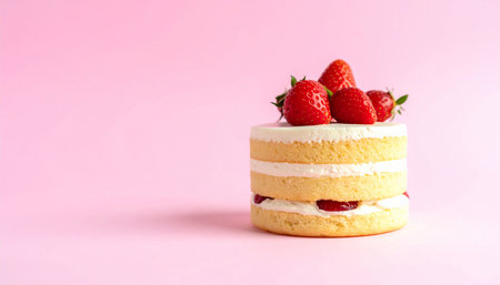 A mini cake with cream and strawberries on a pink background with copy space Clear details and vibrant colors ...の素材