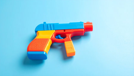 A toy gun made of blue, yellow, and orange plastic is positioned on a light blue background.の素材