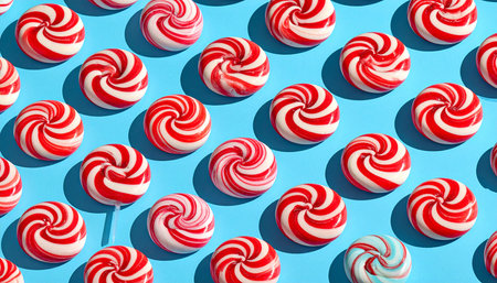A vibrant pattern of red and white swirl lollipops arranged on a bright blue background.の素材