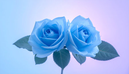 Romantic showing two bright blue roses with green leaves against a soft gradient background keywords: rose,...の素材