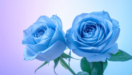 Romantic showing two vibrant blue roses with detailed petals against a soft gradient background keywords:...の素材