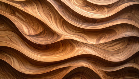 An abstract close-up of a sculpted wooden surface with deep, flowing curves and prominent wood grain.の素材