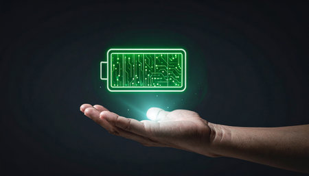 A hand supports a bright green battery symbol with internal circuit design, emitting light.の素材