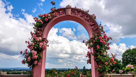 Ornate pink archway covered in pink roses with a scenic landscape and cloudy sky view.の素材