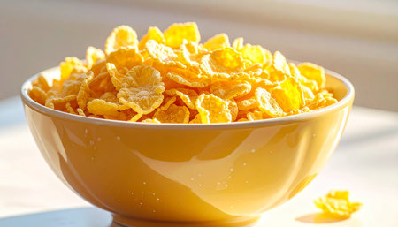 A bright yellow bowl overflows with golden corn flakes, catching the warm light of the sun.の素材