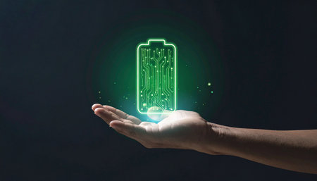 A hand is outstretched, holding a vibrant green battery icon with visible internal circuitry.の素材
