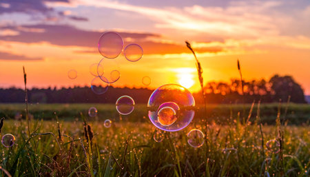 Soap bubbles float in a grassy field with dew drops against a golden sunset sky. Clear details and vibrant col...の素材