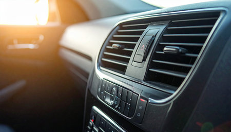 Detailed view of a car's air vent and hazard light button on the dashboard, with bright sunlight creating a glare.の素材