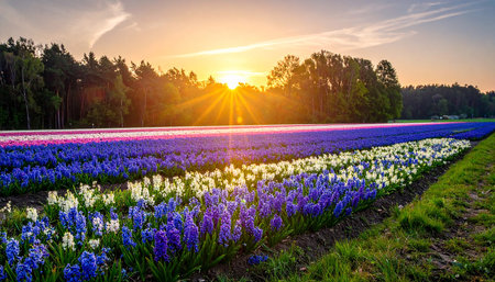 Under showing expansive hyacinth field with stripes of color under a sunset sky keywords: hyacinth, flower field, spring, sunset, sky, forest,...の素材