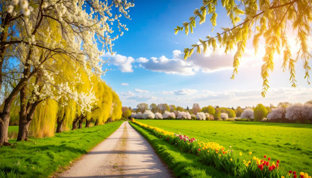 A dirt road winds through a green landscape lined with blooming trees and colorful flowers under a bright blue sky.の素材