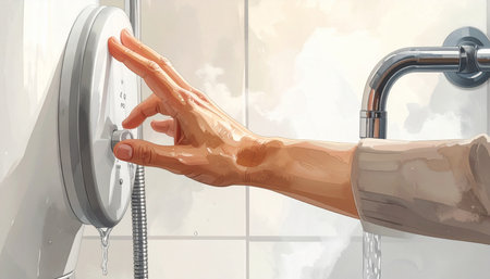 A close-up of a hand pressing a button on a shower head, with water flowing and steam visible in a bathroom setting.の素材