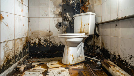 A white toilet is situated in a severely neglected bathroom covered in black mold, grime, and water stains on the walls and floor.の素材