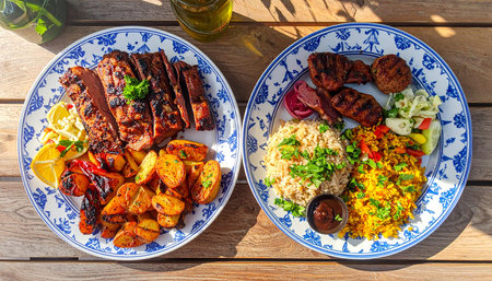 Two plates featuring grilled meat dishes with roasted potatoes and fresh salads are set on a wooden table.の素材