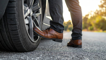 A close-up shot of a man's brown leather shoe stepping on an asphalt road next to a car tire, with sunlight creating strong shadows.の素材