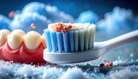 Macro shot of a toothbrush with toothpaste and a dental model showing teeth and gums. Clear details and vibrant colors enhance visual appeal.の素材