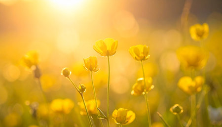 Close-up of yellow buttercup flowers in a field, bathed in warm golden sunlight with a soft, blurred background.の素材