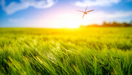 Under showing dragonfly silhouette flies over a sun- drenched green wheat field under a blue sky keywords: wheat field, agriculture, nature,...の素材