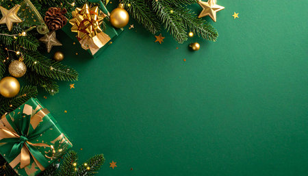 A corner arrangement of Christmas decorations featuring green gifts, gold ornaments, pine branches, and sparkling lights on a green background.の素材