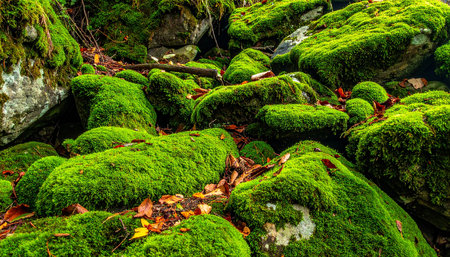 A dense carpet of vibrant green moss covers large rocks and scattered fallen leaves on the forest floor, showcasing natural textures.の素材
