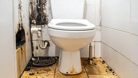 A white toilet is surrounded by black mold, rust, and debris in a neglected bathroom with exposed pipes and a floor drain.の素材