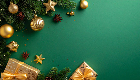 A Christmas border with fir branches, golden ornaments, wrapped gifts, stars, and pinecones arranged on a plain green background.の素材