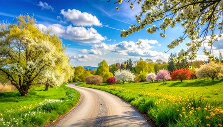A vibrant spring landscape features a winding road, diverse blooming trees in various colors, and fields of yellow flowers.の素材