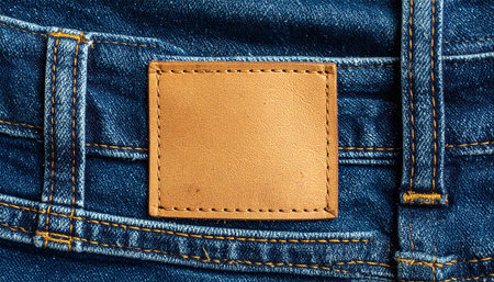A close-up view of a brown leather label with prominent stitching on the waistband of blue denim jeans, highlighting texture.の素材