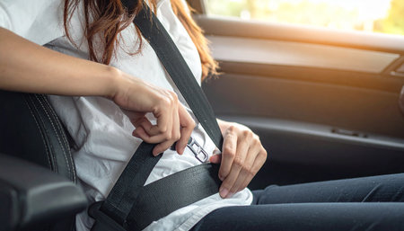 Close-up view of a woman's hands as she fastens a seat belt in the interior of a car. Clear details and vibrant colors enhance visual appeal.の素材