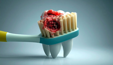 A close-up shot of a toothbrush bristles embedded with a damaged tooth filled with blood and decay, symbolizing severe dental problems.の素材