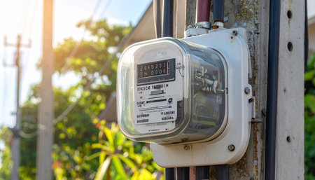 A close-up view of an electricity meter on a utility pole, with sunlight filtering through green trees in the background.の素材
