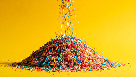 Rod-shaped showing colorful sprinkles pouring down onto a pile of sprinkles on yellow background keywords: sprinkles, candy, sugar, baking,...の素材