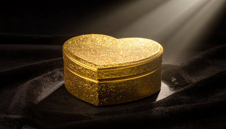 A glittering golden heart-shaped jewelry box sits on a dark velvet surface, illuminated by dramatic rays of light from above.の素材