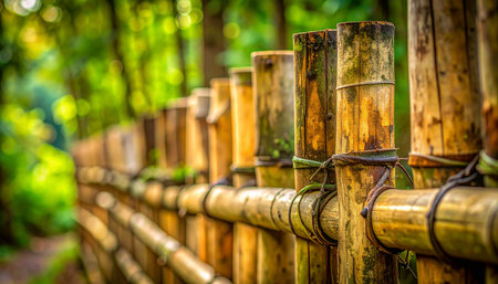 A detailed, weathered bamboo fence with visible ties and texture, set against a softly blurred green forest background.の素材