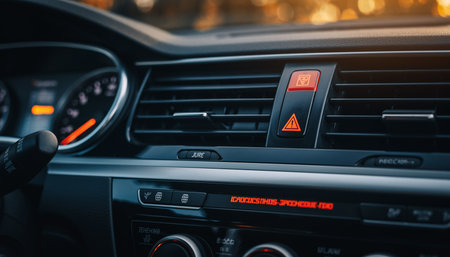 A close-up view of a car's dashboard, showing illuminated hazard lights and air vents with other controls visible.の素材